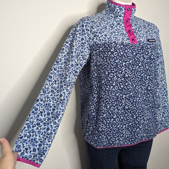 Lands' End Blue White Leopard Cheetah Animal Print 1/4 Zip Fleece Pullover M - Picture 4 of 8